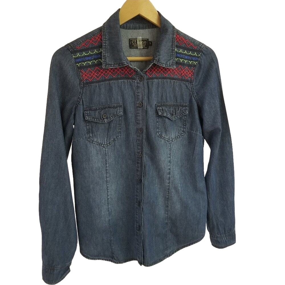 Ci Sono Blue Denim Jeans Top Red Blue Green Embroidered Size S